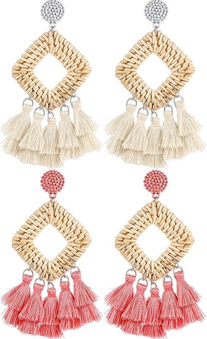 2 Pairs Rattan Tassel Earrings Bohemian Statement Woven Dangle Fringe Earrings Ethnic Tassel Drop... | Amazon (US)