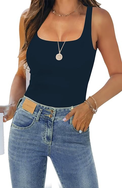 Womens Tank Tops Dressy Summer Sleeveless Shirts Sexy Square Neck Double Lined Fitted Tops T Shir... | Amazon (US)