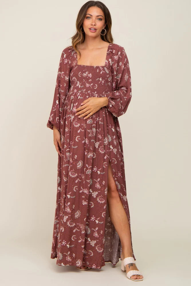 Burgundy Floral Smocked Side Slit Maternity Dress | PinkBlush Maternity