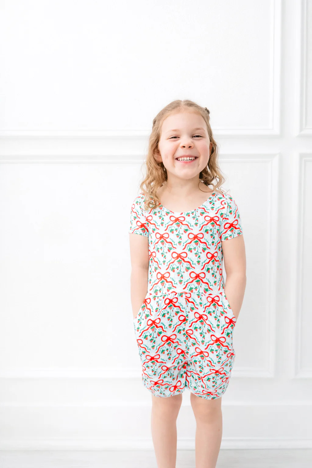 Strawberry Bows Short Romper | Poppy Kids Co
