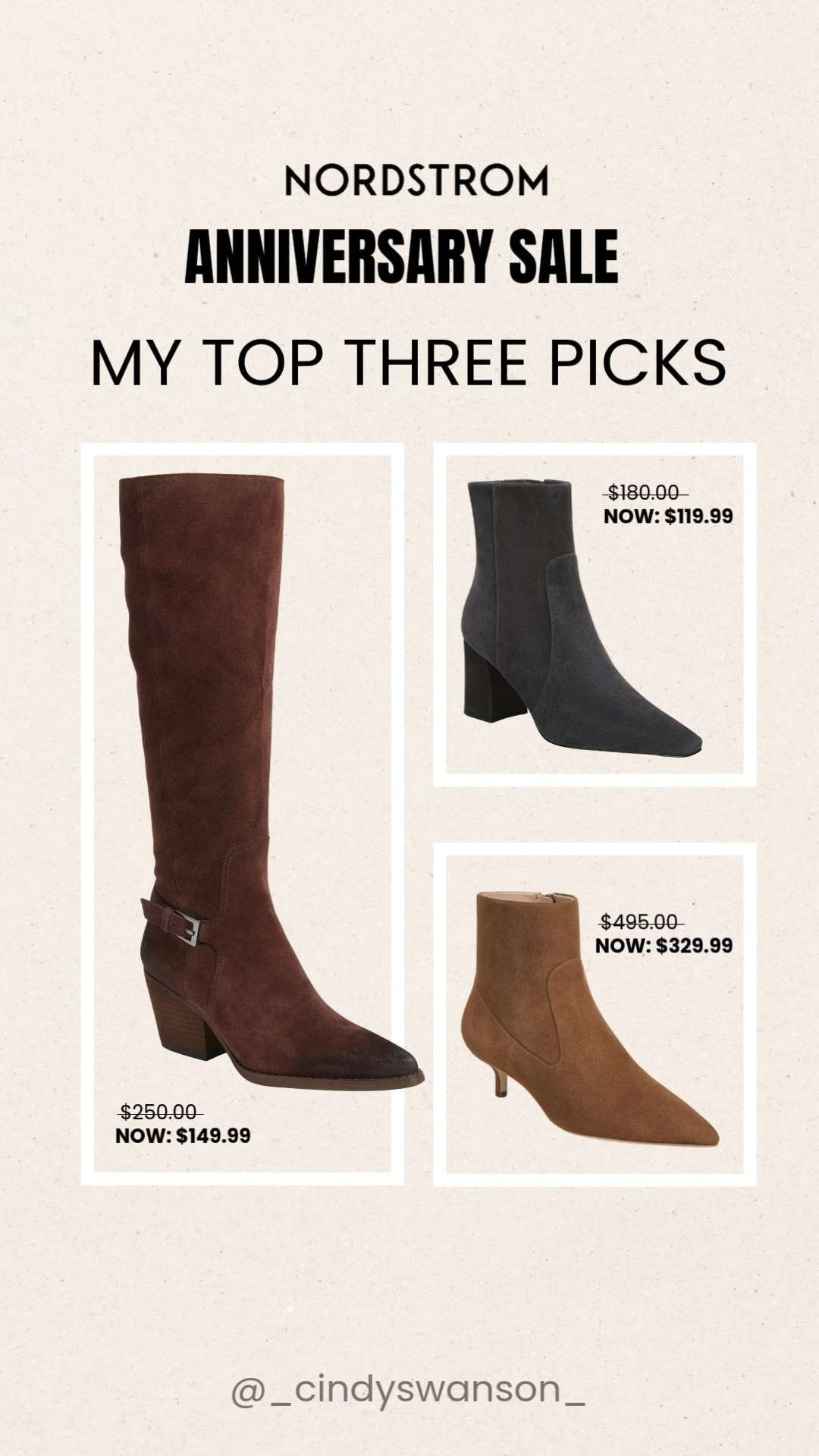These are my top three boot picks from the Nordstrom Anniversary Sale! From classic knee-high boots to versatile ankle booties, these are timeless styles you’ll wear for years, and the sale prices make them even better.

💡 LTK MADE EASY
❤️ Heart = Support my posts!
🔖 Save = Get sale & restock alerts
📋 Lists = Keep favorites organized
📲 Share = Send lists and products to a friend. Hello, Christmas List!
💬 Comment = Ask me anything about what I’m wearing.:-) 

 #LTKootd #LTKOver40 #LTKSaleAlert