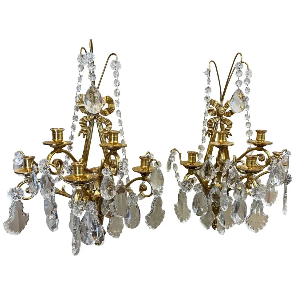 Pair of Mid-Century French Louis XVI Crystal and Bronze Dore Five-Light Sconces | 1stDibs