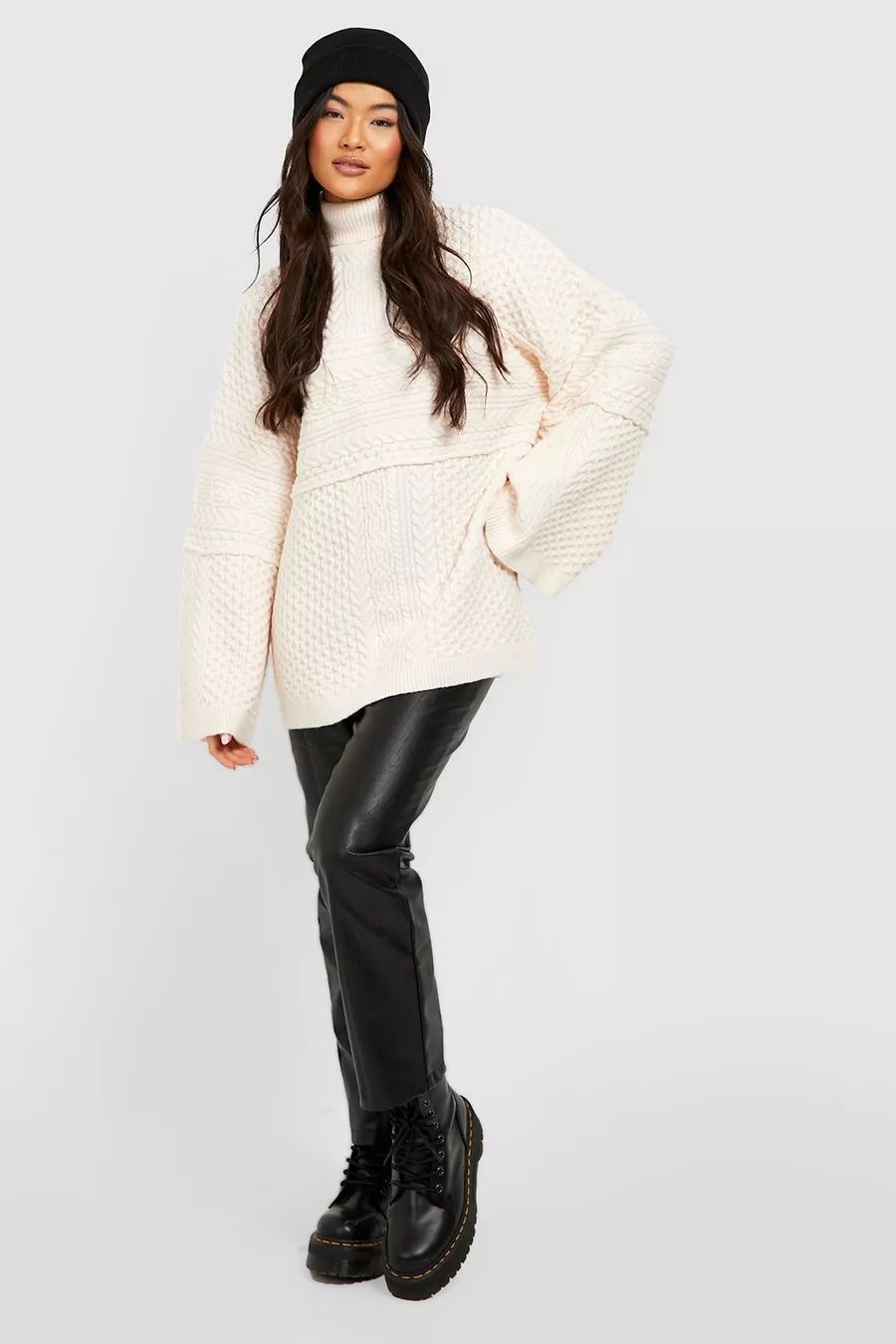 Patchwork Cable Roll Neck Jumper | Boohoo.com (UK & IE)