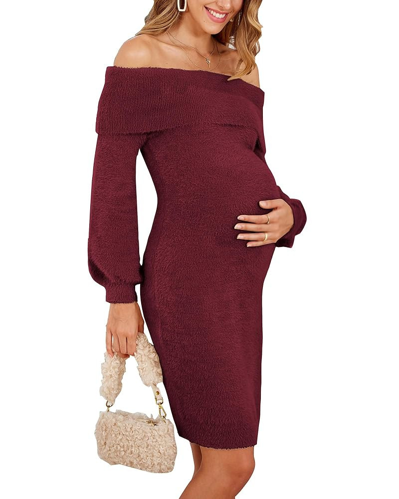 V FOR CITY Maternity Sweater Dress for Baby Shower Off The Shoulder 2025 Winter Fuzzy Puff Sleeve... | Amazon (US)