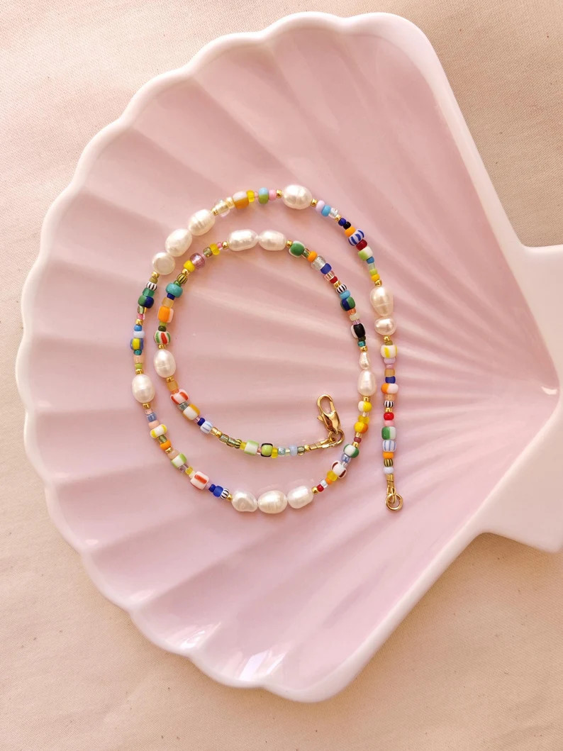 Mixed Beads Pearl Necklace, Colorful Pearl and Beads Choker, Multicolor Beaded Necklace, Beach Su... | Etsy (US)
