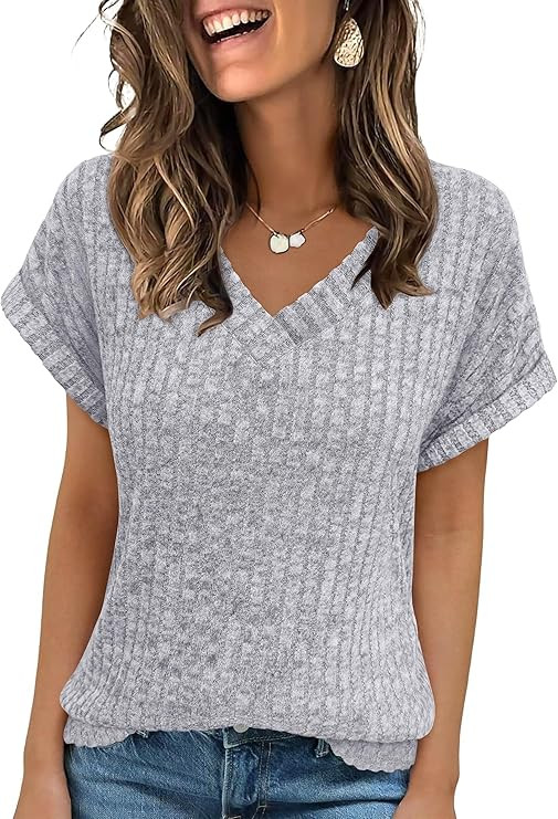 ANRABESS Women Tops Summer Sweaters Short Sleeve V Neck Shirts 2026 Spring Fashion Dressy Casual ... | Amazon (US)
