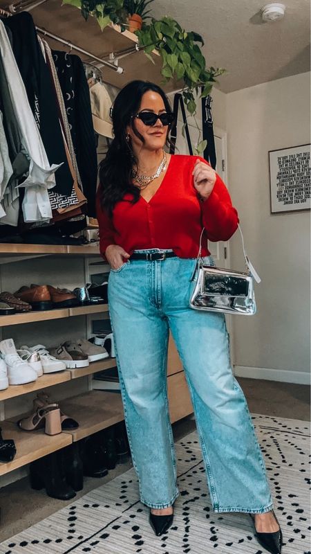 Fall Midsize outfit idea- redSweater cardigan size xl - wide leg jeans size 14 - metallic amazon Purse - slingback heels tts  - Sunglasses - Necklace

#LTKFind #LTKmidsize #LTKstyletip