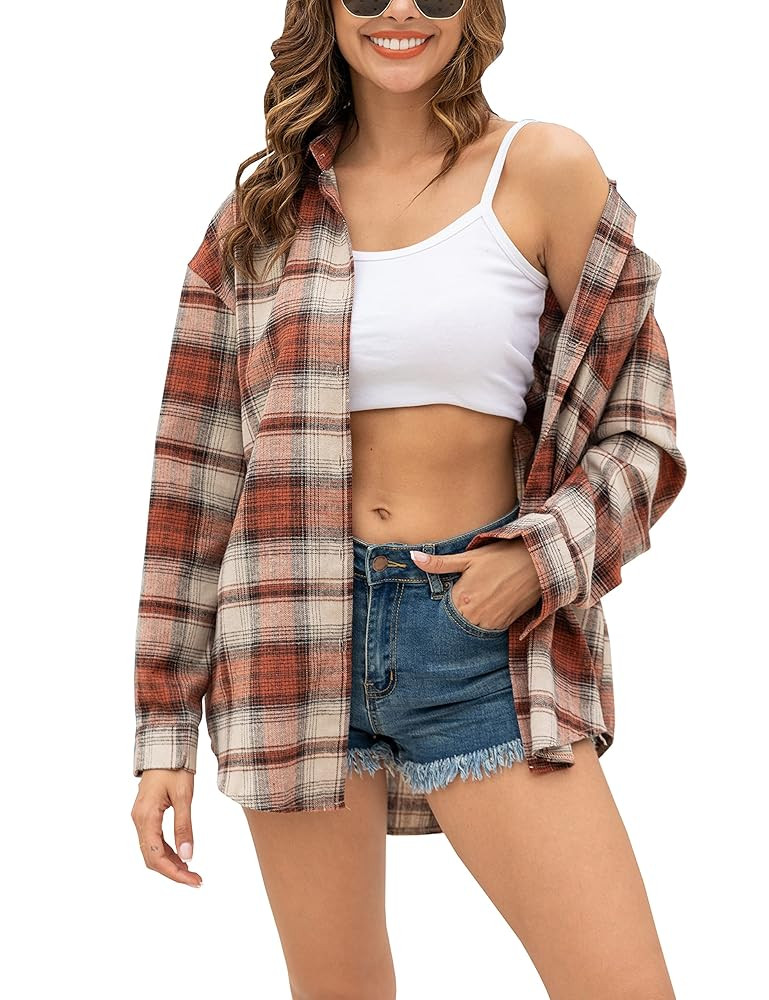 Oversized Womens Flannel Plaid Soft Flannel Button Down Shirt Roll Up Long Sleeve Flannel Plaid S... | Amazon (US)