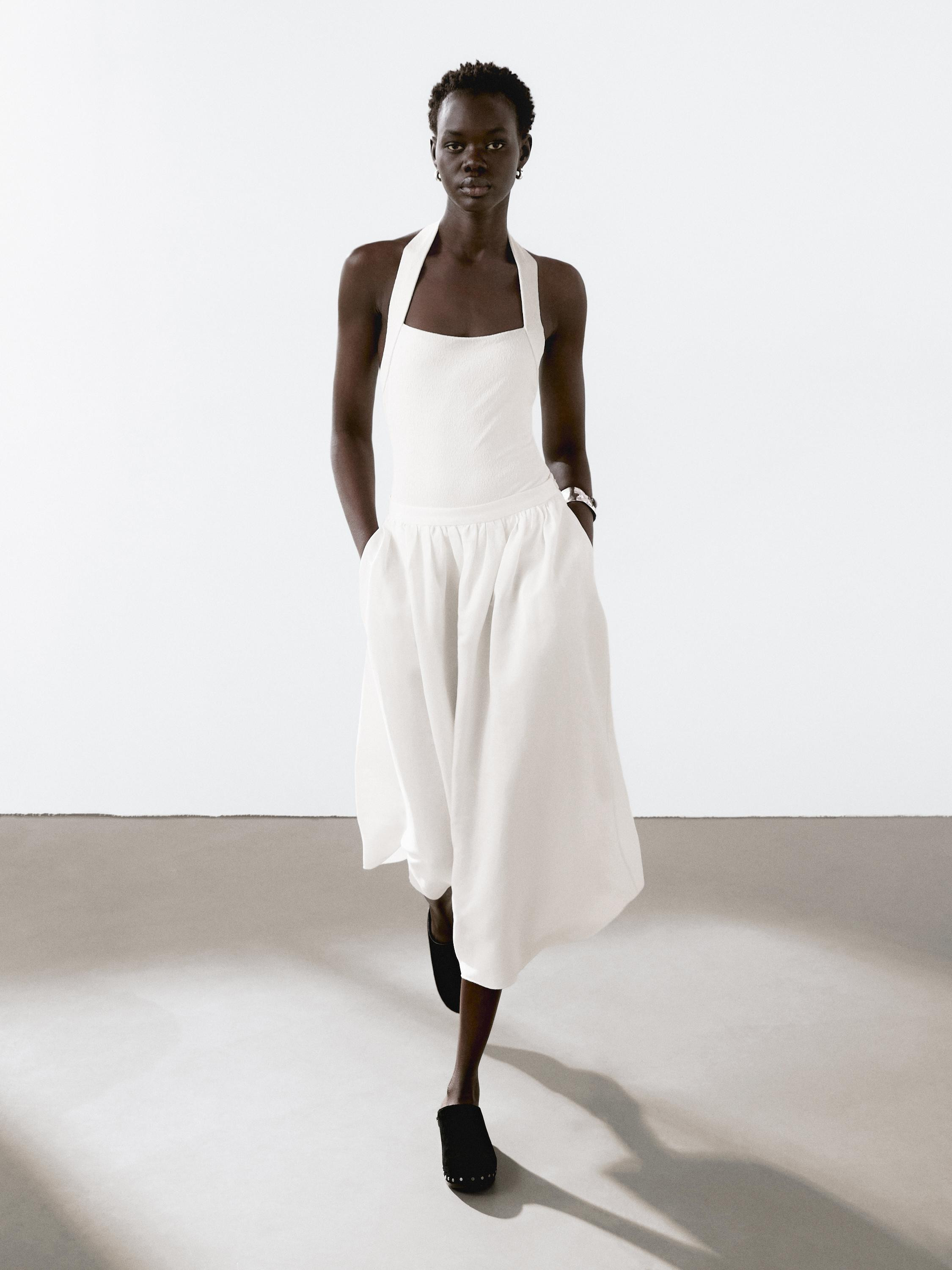 Flounce linen blend midi skirt | Massimo Dutti UK