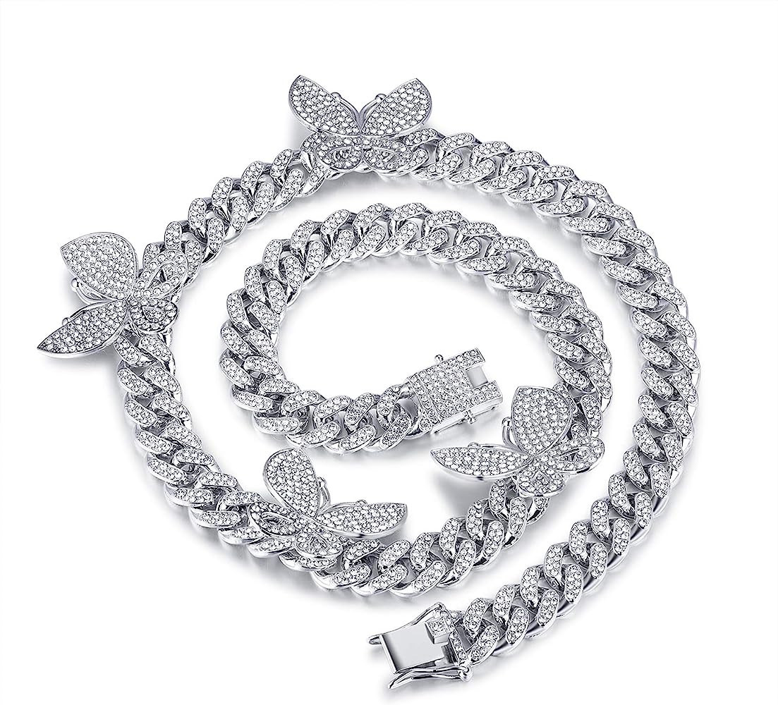 YBMYCM Butterfly Cuban Necklace Crystal Collars Cuban Link Chain Iced Bling Butterfly for Women M... | Amazon (US)