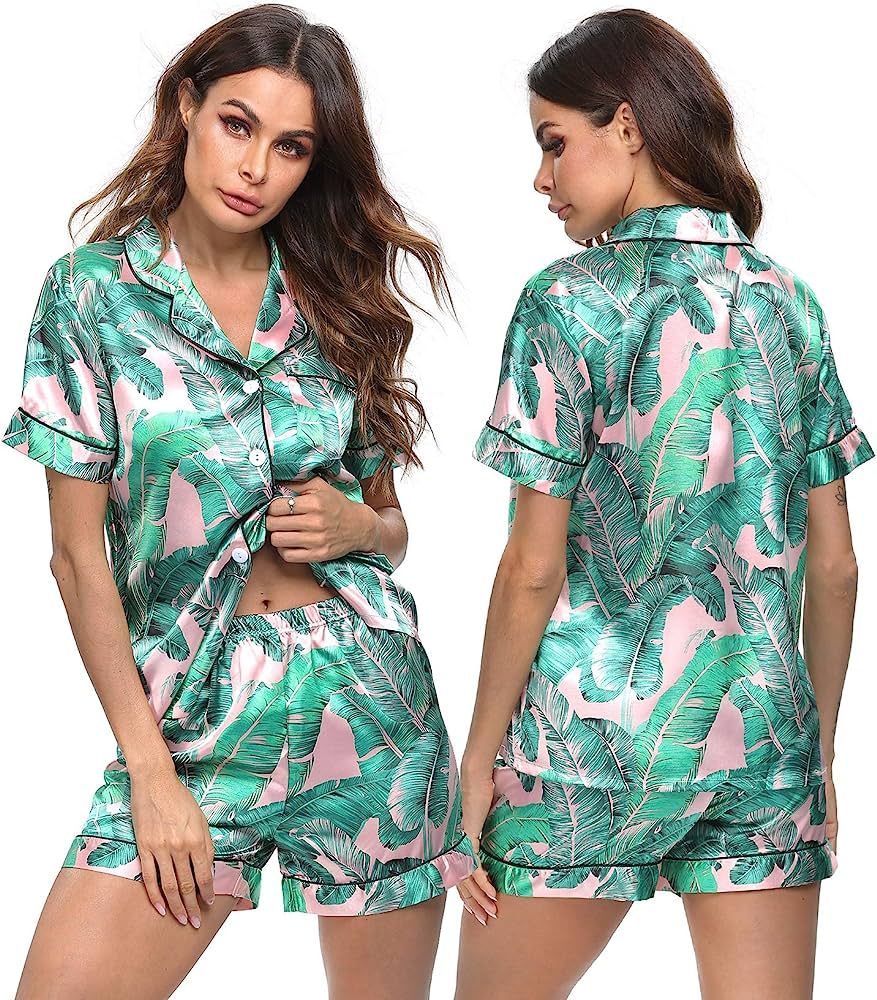 SWOMOG Womens Silk Satin Pajamas Set Two-piece Pj Sets Sleepwear Loungewear Button-Down Pj Sets | Amazon (US)