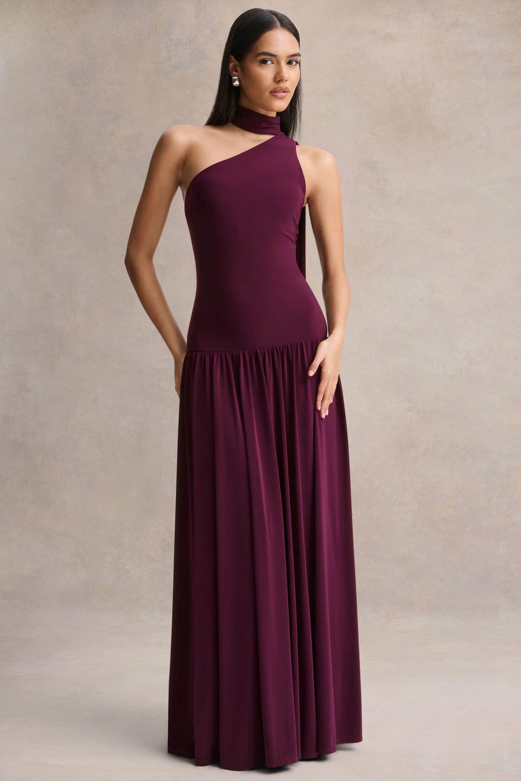 Freesia | Plum Asymmetric-Neck Maxi Dress With Scarf-Detail | Club L London