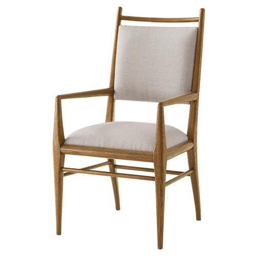 Theodore Alexander Nova Grey Upholstered Back Brown Oak Dining Arm Chair | Kathy Kuo Home