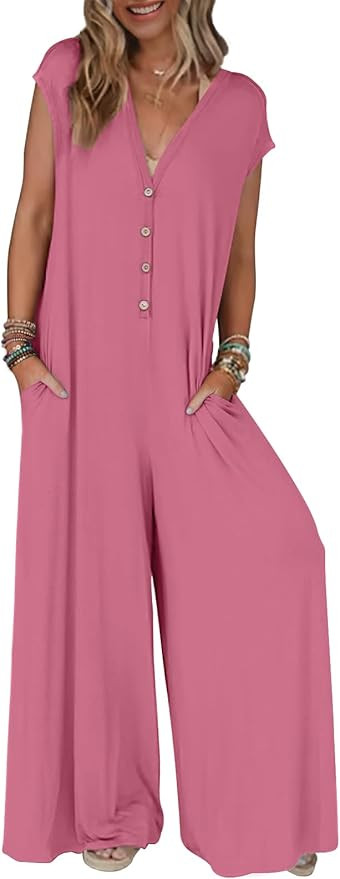 MEROKEETY Women's 2025 Summer Cap Sleeve Jumpsuits Deep V Neck Button Onesie Wide Leg Pants Rompe... | Amazon (US)