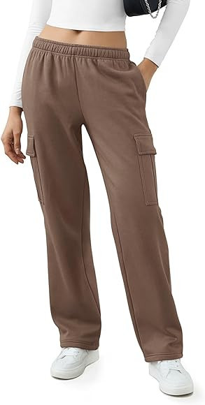 REORIA Women's Fashion Fleece Lined Baggy Wide Leg Cargo Sweatpants Joggers with Pockets | Amazon (US)