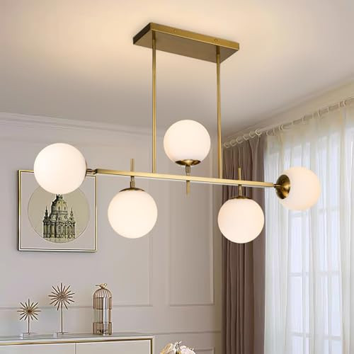 EDISLIVE Modern Milk Globe Chandelier 5-Light Glass Globe Pendant Light Fixture 39.4in E26 Linear Hanging Lighting for Kitchen Island Dinning Room Living Room Gold | Amazon (US)