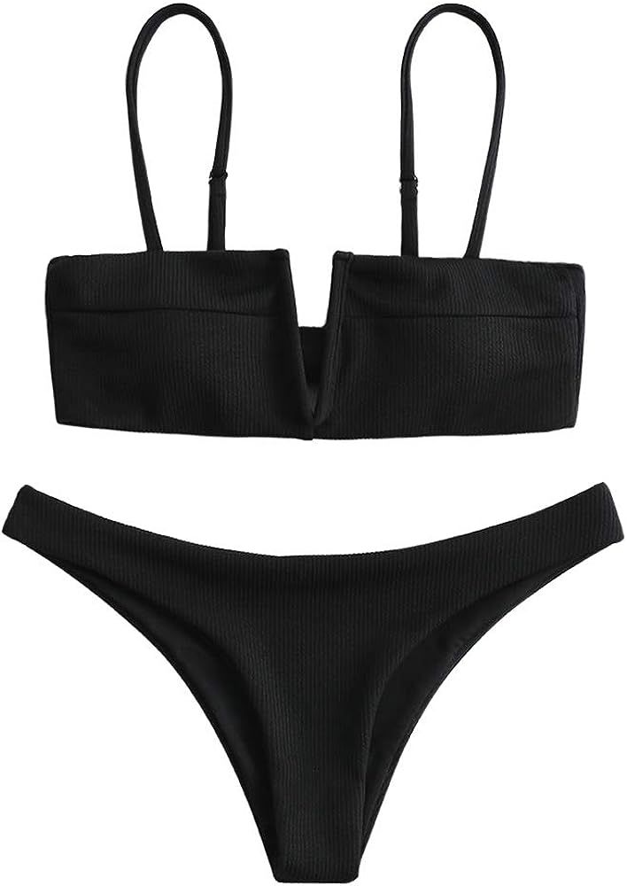 Swimwear V-Wired Ribbed Textured Tie Knot Back Padded Bikini Thong Two Piece Swimsuits | Amazon (US)