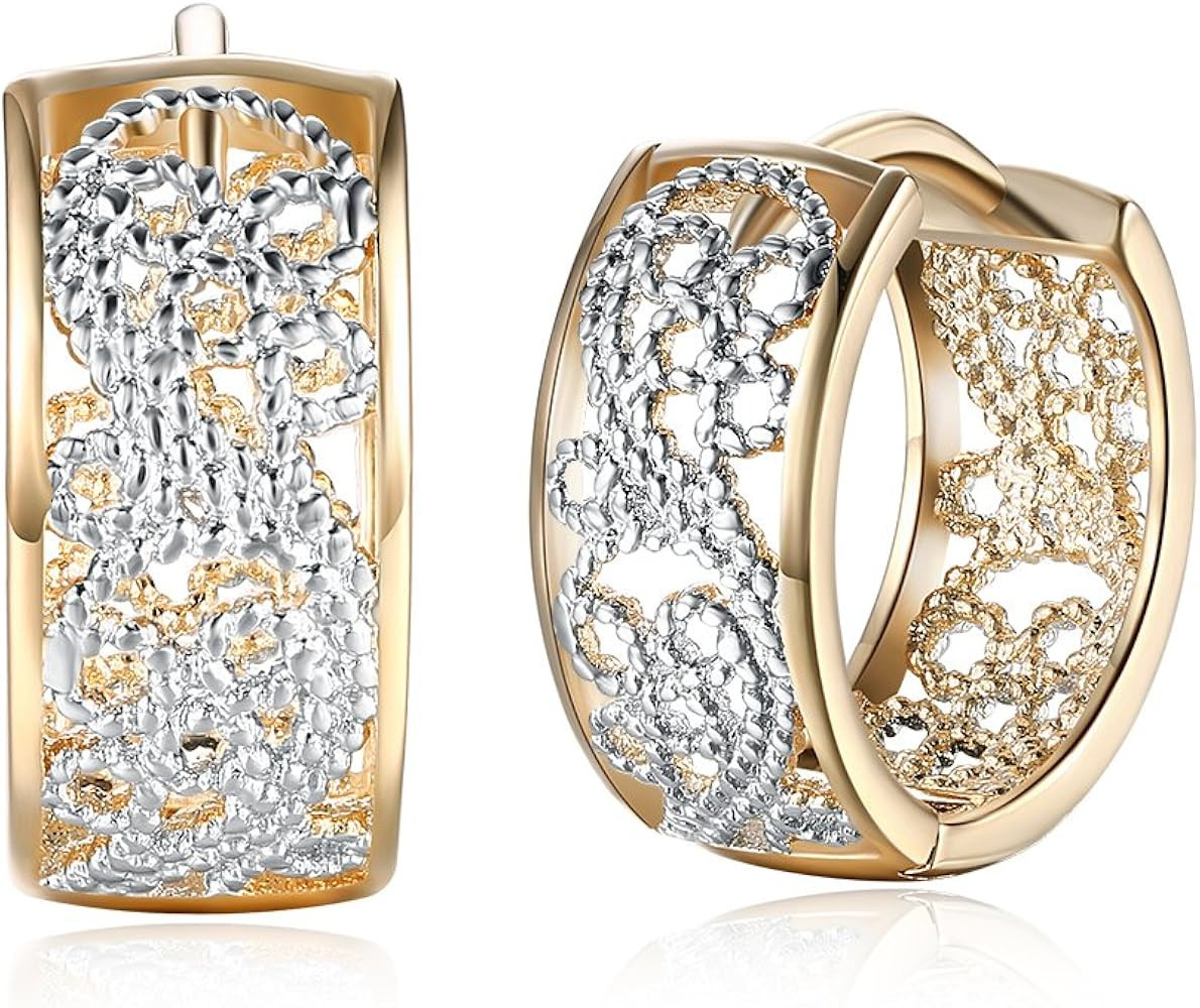 Dainty Two Tone Wide Filigree Hoop Earrings for Womens Fashion Boho Flower Chunky Huggie Hoops Vi... | Amazon (US)