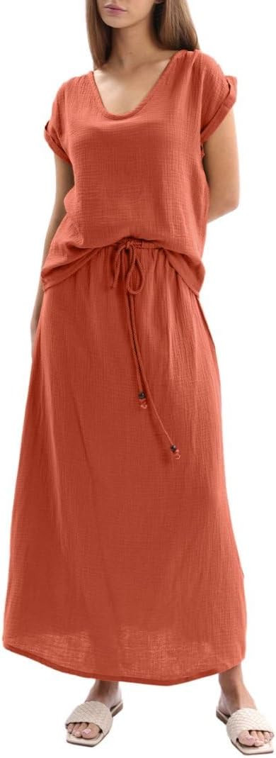 Amazhiyu Women's Crepe Cotton Gauze 2 Piece Skirt Sets Outfits Summer Lounge Wear | Amazon (US)