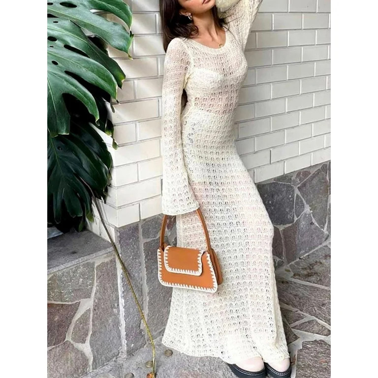 AMILIEe Women Crochet Knit Cover Up Hollow Out Maxi Dress Long Sleeve Casual Beach Cover-Up - Wal... | Walmart (US)