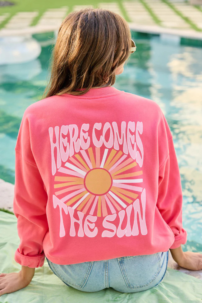 Here Comes The Sun Light Red Graphic Sweatshirt | Pink Lily