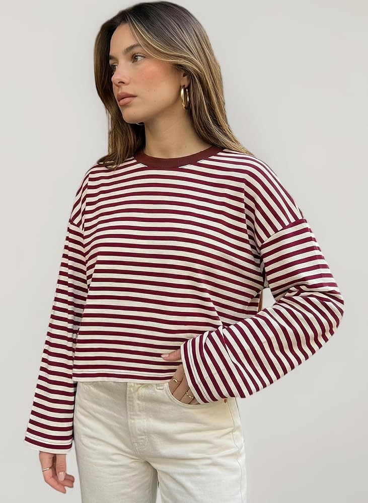 Felcia Women's Classic Striped T Shirt Long Sleeve Crew Neck Loose Casual Tops Fall Streetwear | Amazon (UK)