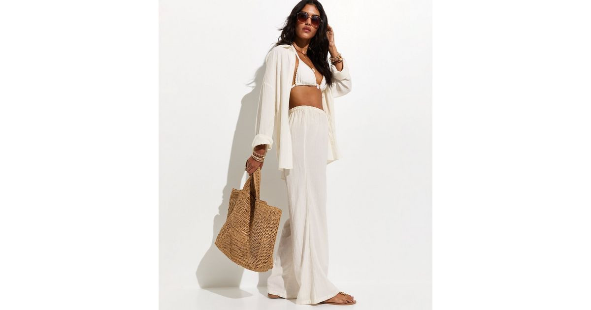 White Crinkled Wide Leg Beach Trousers | New Look | New Look (UK)