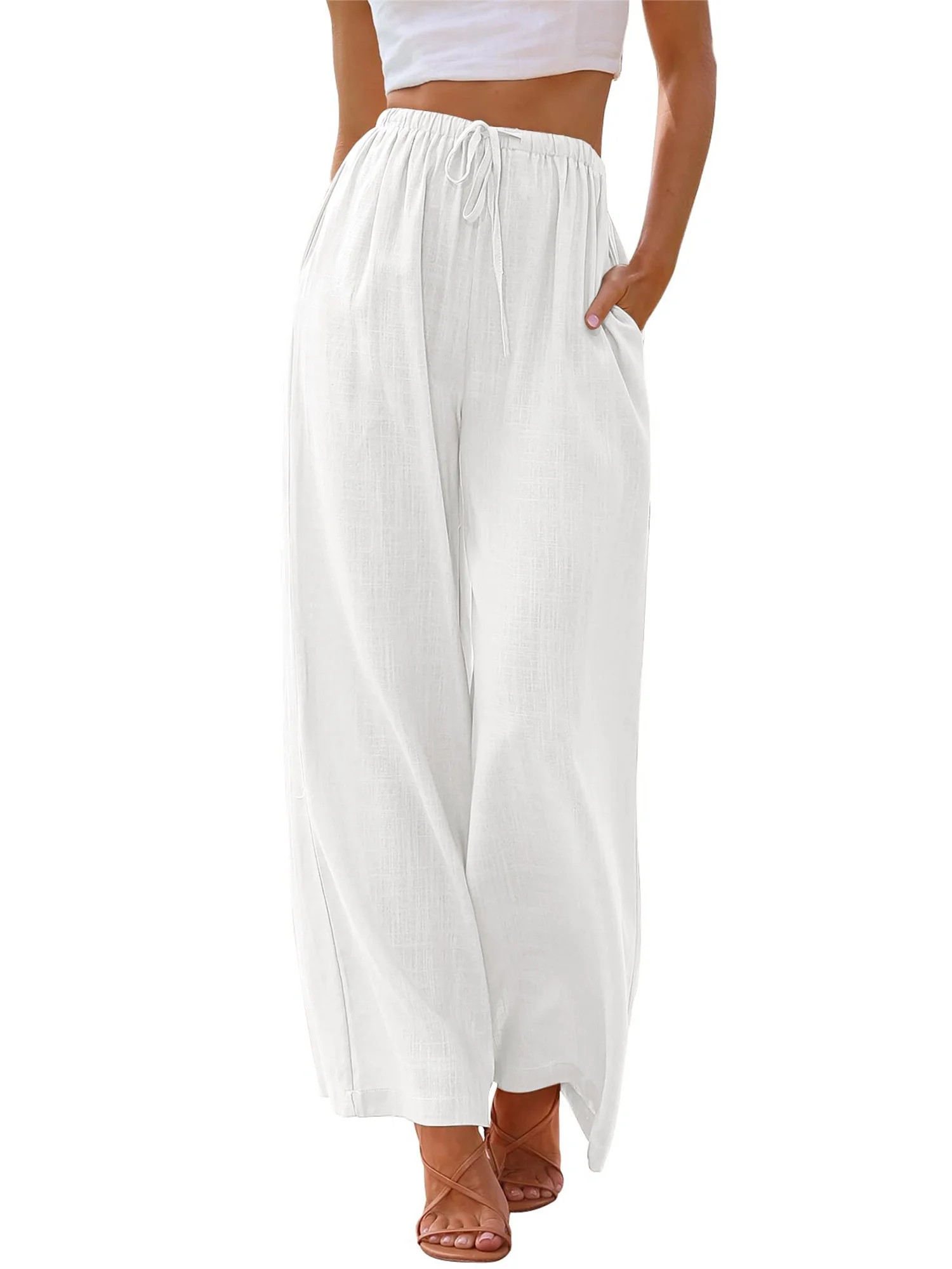 TEMOFON Pants for Women Wide Leg Linen Pant White Summer Casual Palazzo Flowy Pants with Pocket D... | Walmart (US)
