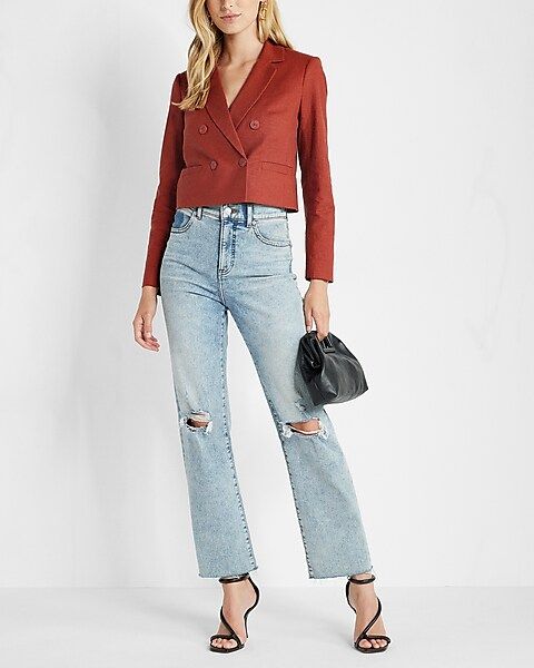 Double Breasted Linen-blend Cropped Blazer | Express