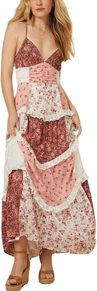 ebossy Womens Lace Patchwork Floral Maxi Dress Spaghetti Strap Sexy Backless Ruffle Tiered Boho B... | Amazon (US)
