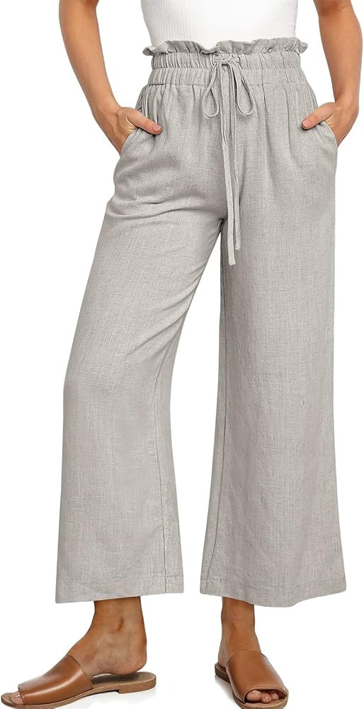 UEU Women's Linen Casual Pants Summer Wide Leg Loose Ruffle High Waist Cropped Drawstring Palazzo... | Amazon (US)