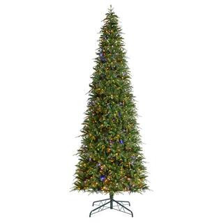 Glitzhome 11 ft. Pre-Lit Green Slim Fir Artificial Christmas Tree with 850 Warm White/Multi-color... | The Home Depot