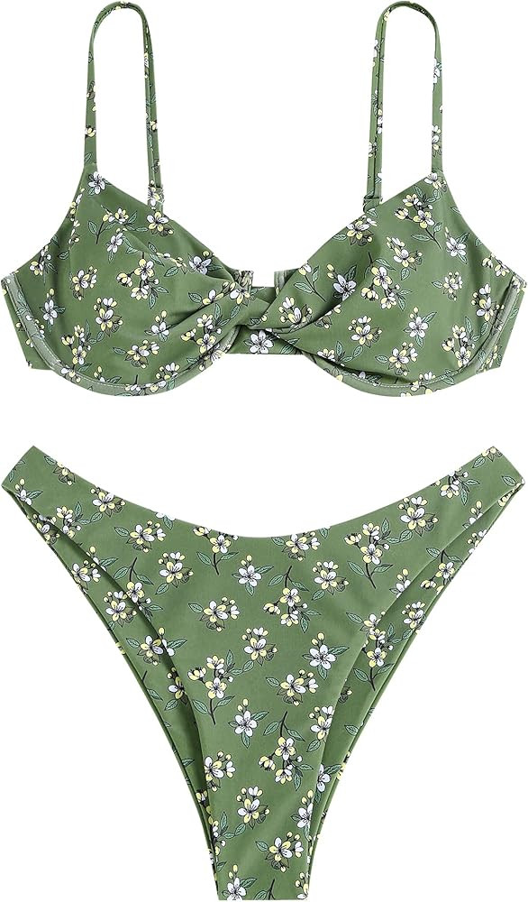 ZAFUL Women's Twist Front Bikini Sets Underwire Tie Back Bikini High Waisted Two Piece Swimsuit | Amazon (US)
