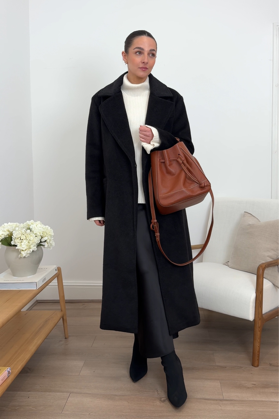 Everyday outfit, chic outfit, chic casual outfit, winter outfit, charcoal coat, black coat, satin skirt, brown bag, Pretty Lavish 

#LTKeurope #LTKstyletip