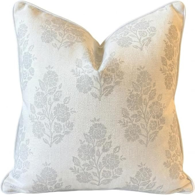 “The Patty” Floral Block Print Pillow Cover – Neutral Gray Decorative Throw Pillow Cover wi... | Amazon (US)