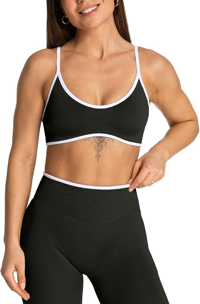 Women's Color Block Seamless Sports Bra Adjustable Thin Straps Workout Top Removable Pads Gym Yog... | Amazon (US)