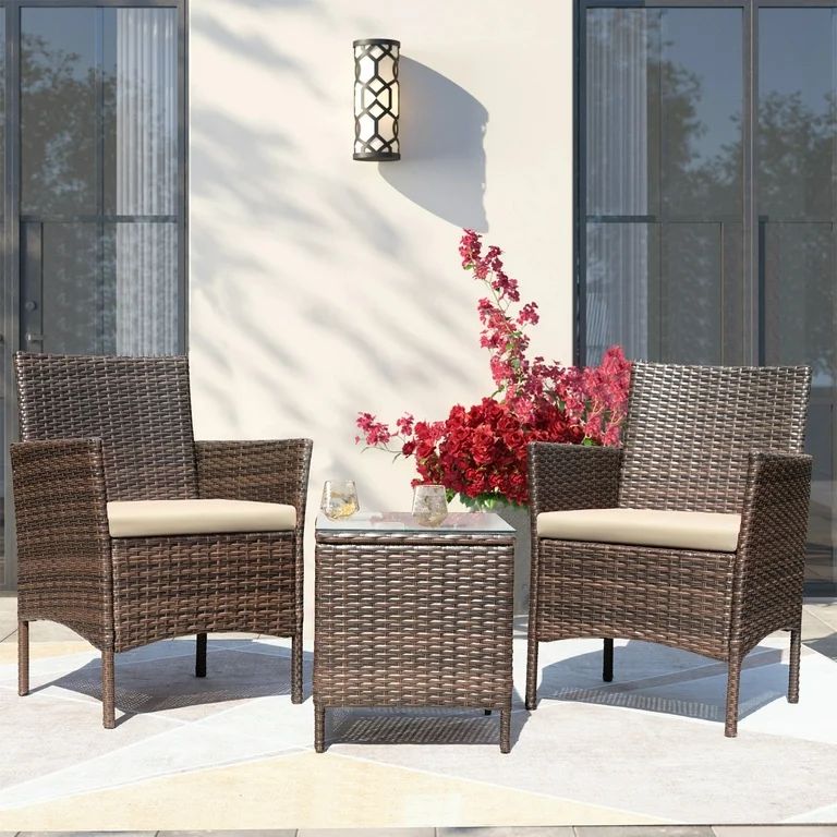 Devoko 3 Pieces Patio Conversation Set PE Rattan Wicker Chairs with Coffee Table, Brown/Beige - W... | Walmart (US)