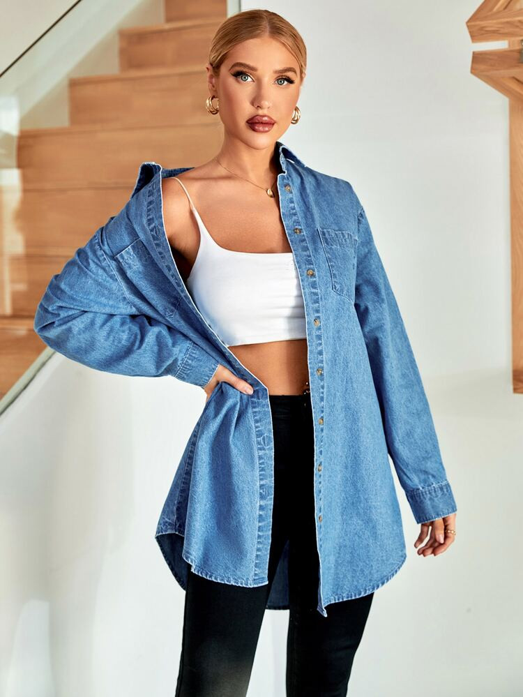 Patched Pocket Curved Hem Denim Shirt | SHEIN