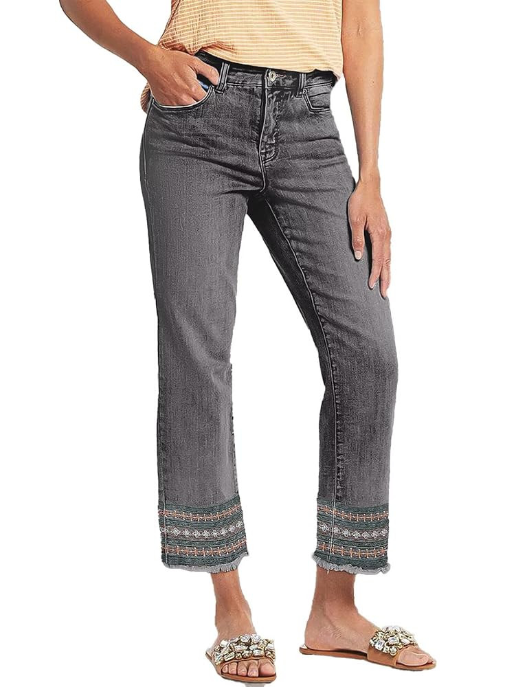 Flamingals Straight Leg Jeans for Women Low Rise Cropped Jeans Wash Embroidery Raw Hem Denim Pant... | Amazon (US)