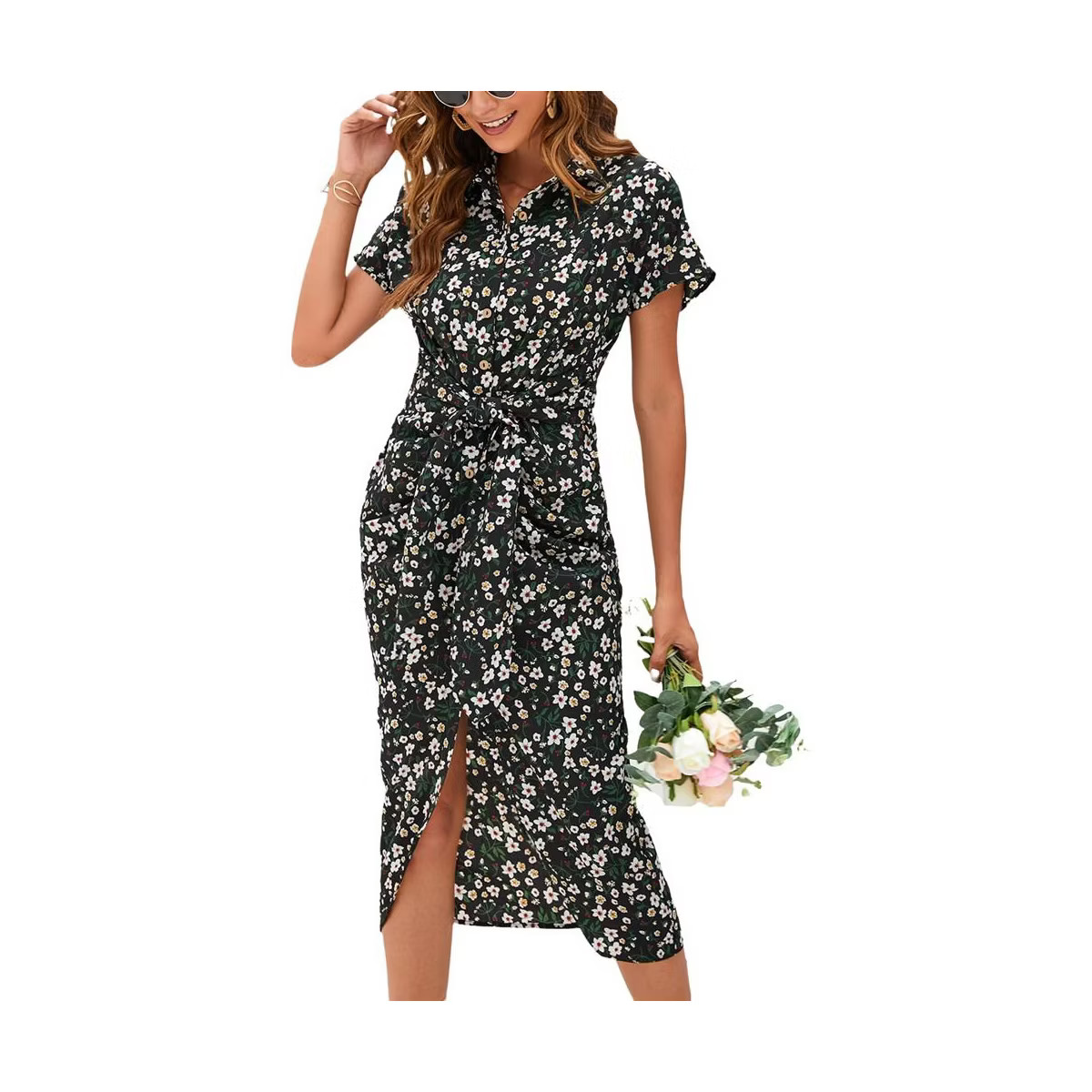 WhizMax Women's Boho  Floral Short Sleeve V Ne ck Ruched Bodycon Dress High Empire With Tie Slit ... | Target