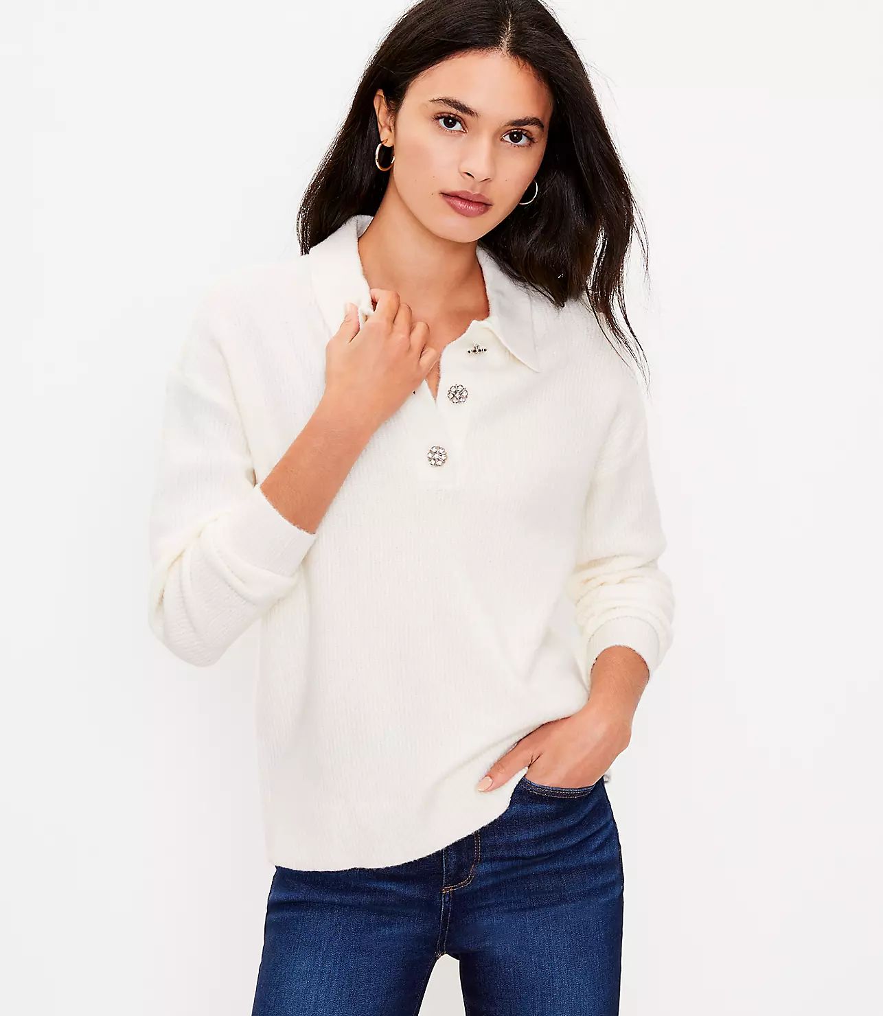 Jeweled Button Polo Sweater | LOFT