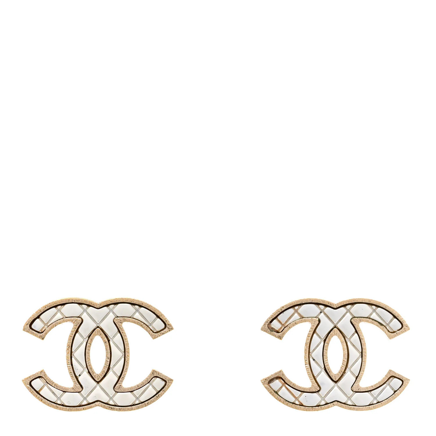 Metal Quilted CC Earrings Gold White | FASHIONPHILE (US)