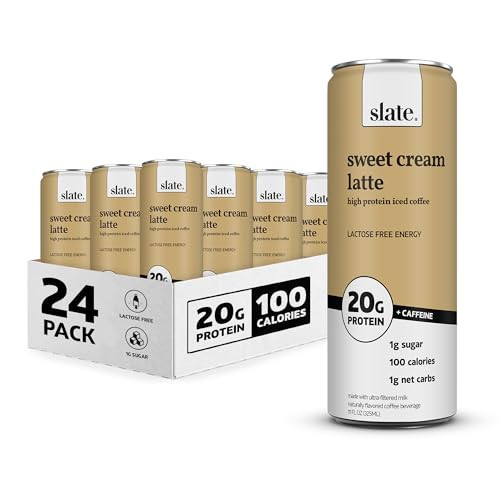 Slate Milk - High Protein Iced Coffee - Sweet Cream Latte - 175mg Caffeine, Lactose Free Energy - 20g Protein, 1g Sugar, 100 Calories, 1g Net Carbs, No Sugar Added - Protein Coffee - 11 fl oz, 24 Cans | Amazon (US)