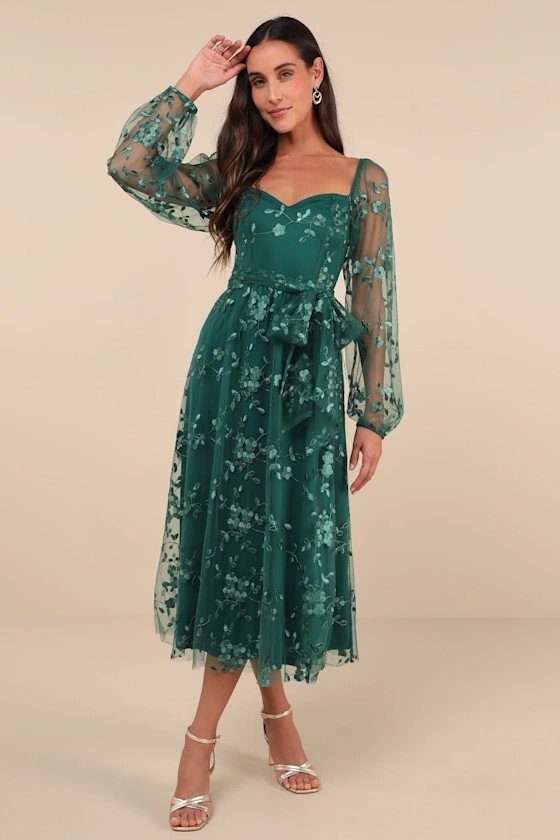 Darling Charisma Emerald Mesh Embroidered Midi Dress | Lulus