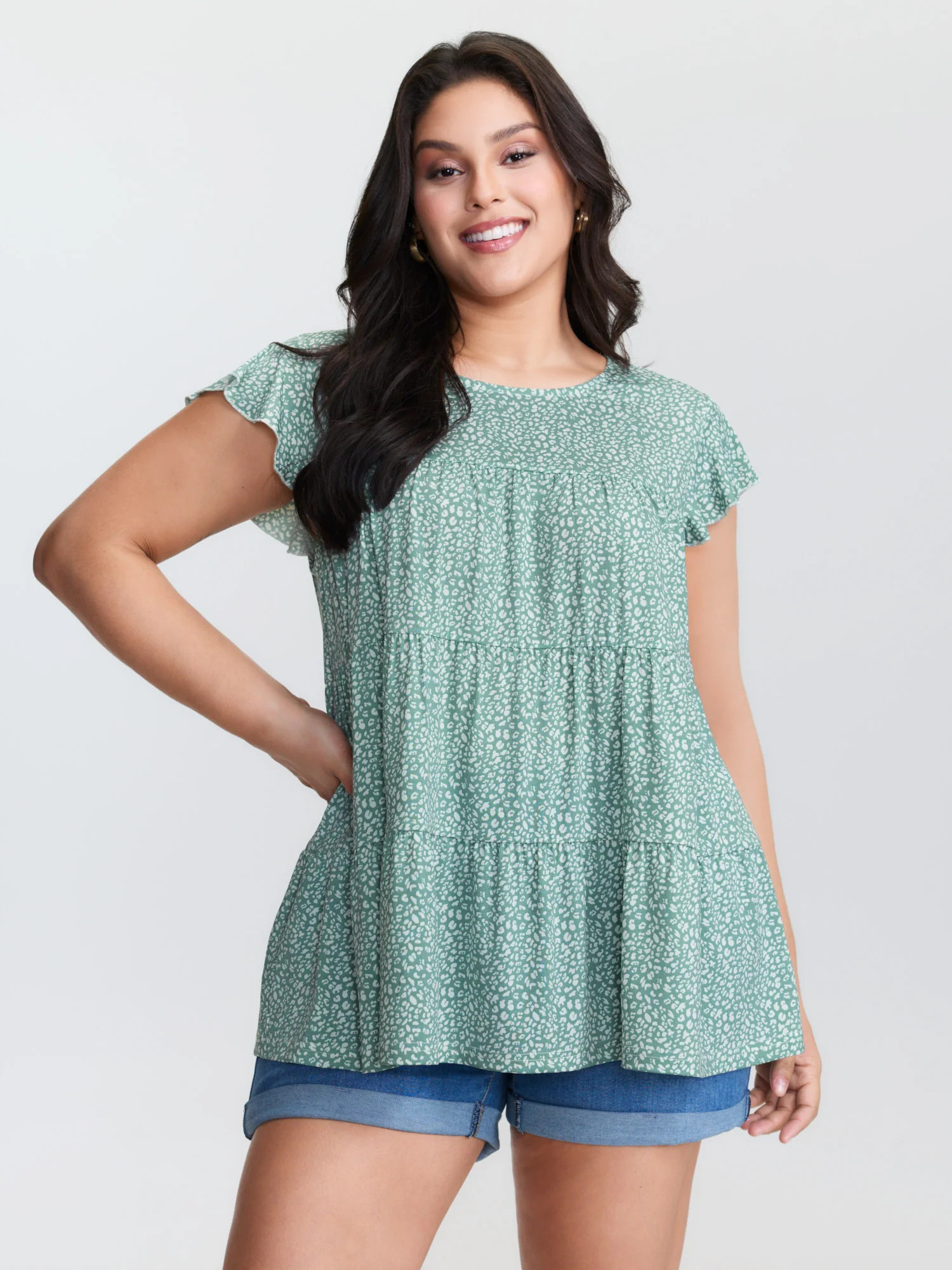 Leopard Print Tiered Flutter Sleeve Knit Top | Bloomchic