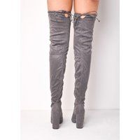 Thigh High Tie Back Faux Suede Knee High Heeled Boots Light Grey | Lily Lulu Fashion