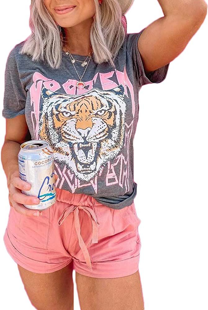 Tiger Printed Short Sleeve Tshirts,Womens Summer Crewneck Graphic Tee Shirt Blouse Tops | Amazon (US)