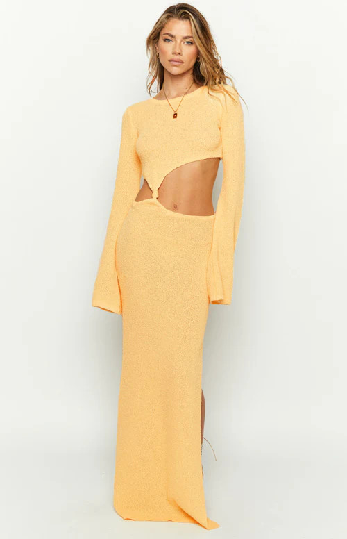 Arya Yellow Long Sleeve Knit Maxi Dress | Beginning Boutique (AU)