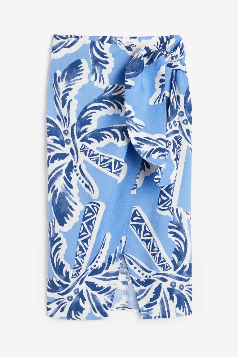 Linen-blend Wrap-front Skirt - Light blue/palm trees - Ladies | H&M US | H&M (US + CA)