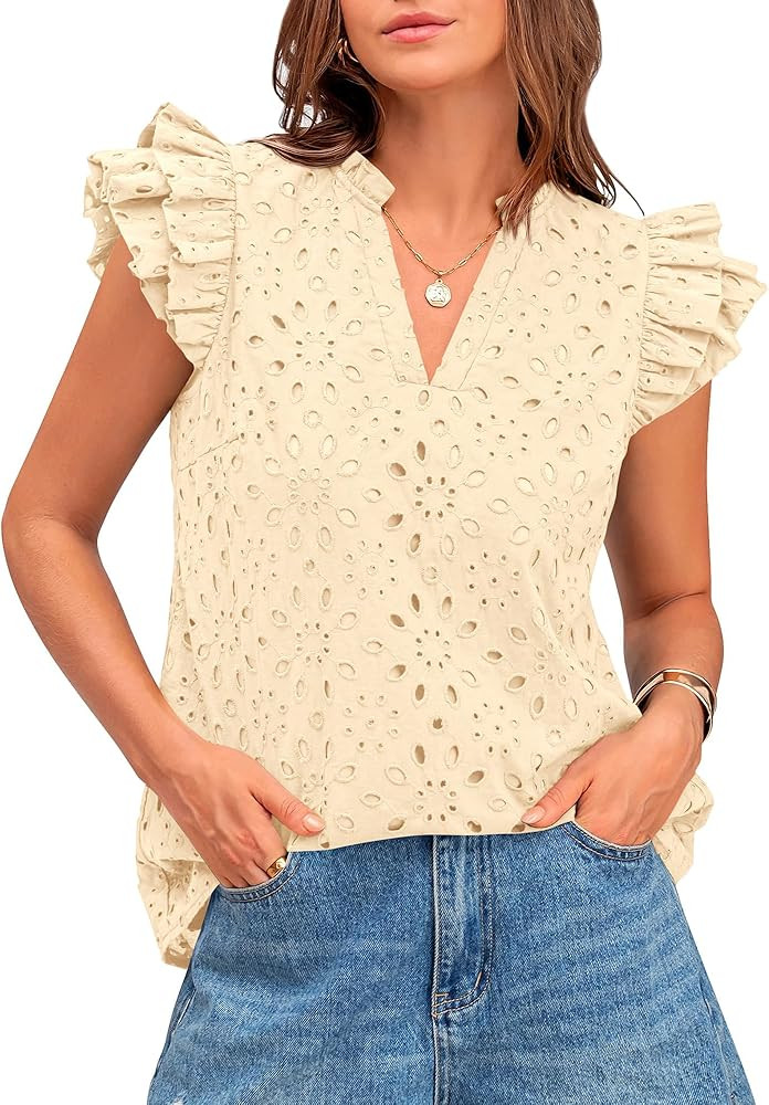 BTFBM Summer Tops for Women 2026 Dressy Casual Embroidered Eyelet Blouses V Neck Ruffle Sleeve Sp... | Amazon (US)